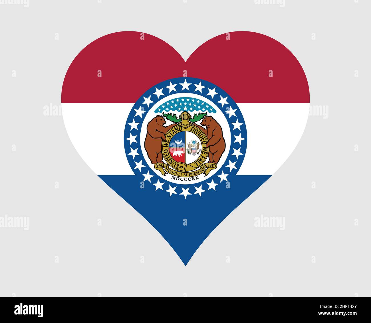 Missouri USA bandiera del cuore. MO US Love Shape state Flag. Show Me state Stati Uniti d'America icona del banner Firma Symbol Clipart. Illustrazione del vettore EPS. Illustrazione Vettoriale