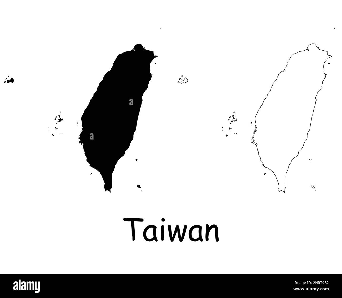 Mappa di Taiwan. Taiwanese Black silhouette e mappa del profilo isolato su sfondo bianco. Repubblica di Cina territorio confine confine linea di confine icona segno simbolo Illustrazione Vettoriale