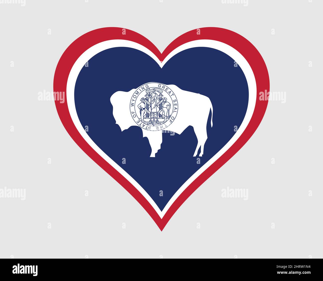 Bandiera del cuore del Wyoming USA. WY US Love Shape state Flag. Equality state Stati Uniti d'America icona banner segno simbolo clipart. Illustrazione del vettore EPS. Illustrazione Vettoriale