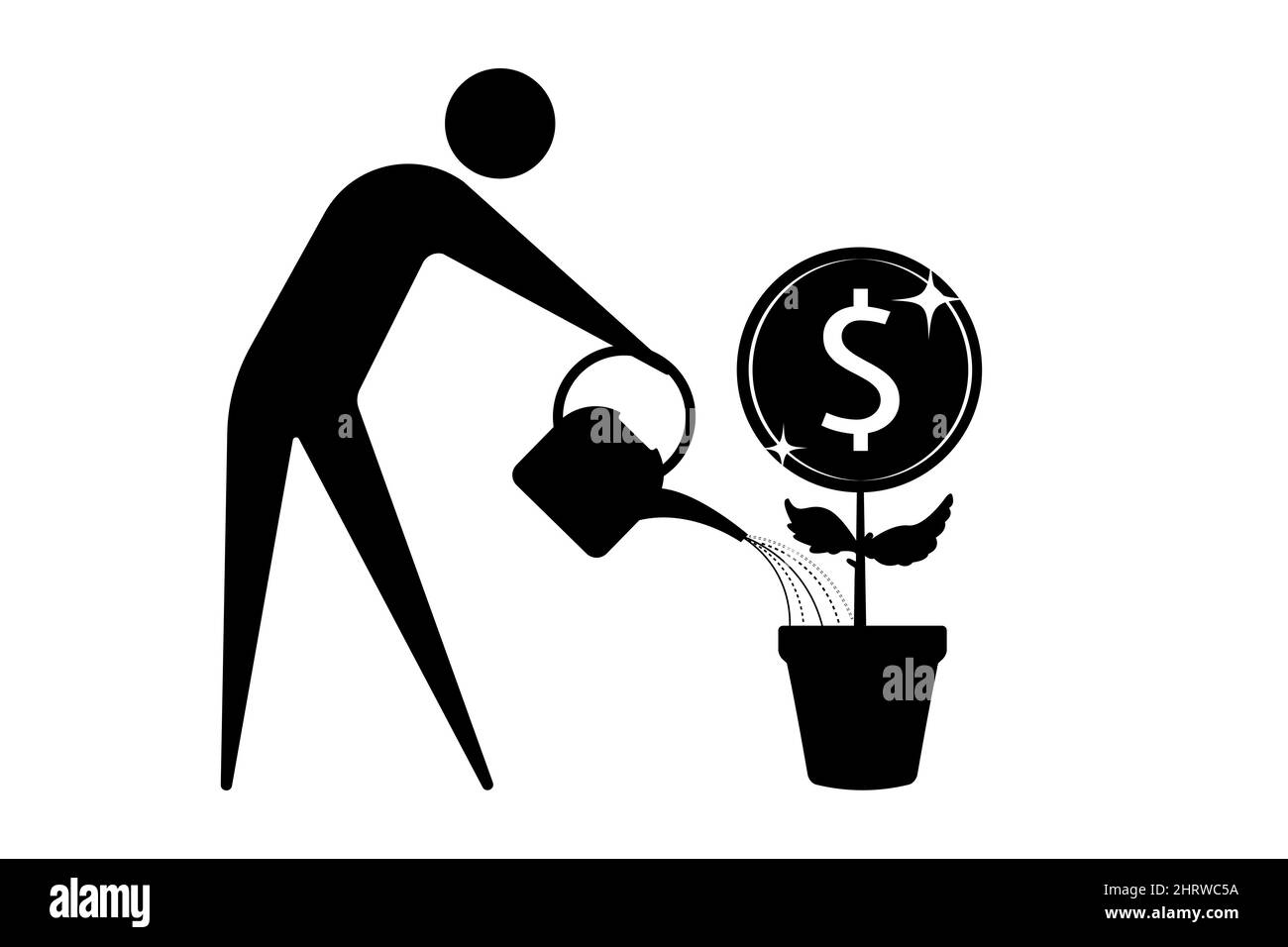 Concetto di denaro crescente. Icona umana annaffiatura dollaro denaro pianta isolato su sfondo bianco. Illustrazione vettoriale Illustrazione Vettoriale