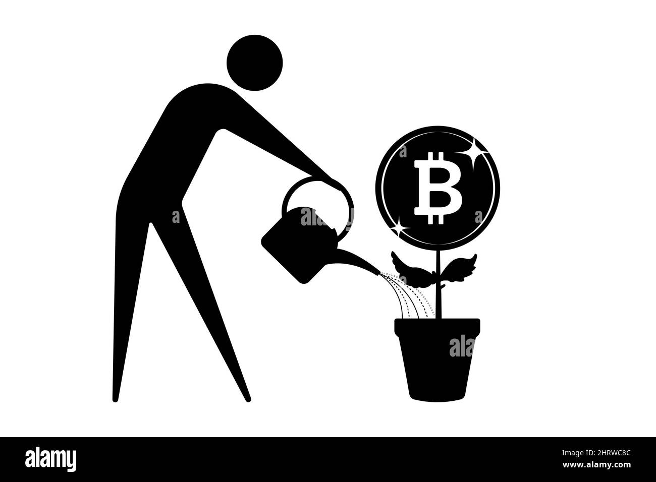 Concetto di denaro crescente. Icona umana annaffiatura bitcoin denaro pianta isolato su sfondo bianco. Illustrazione vettoriale Illustrazione Vettoriale