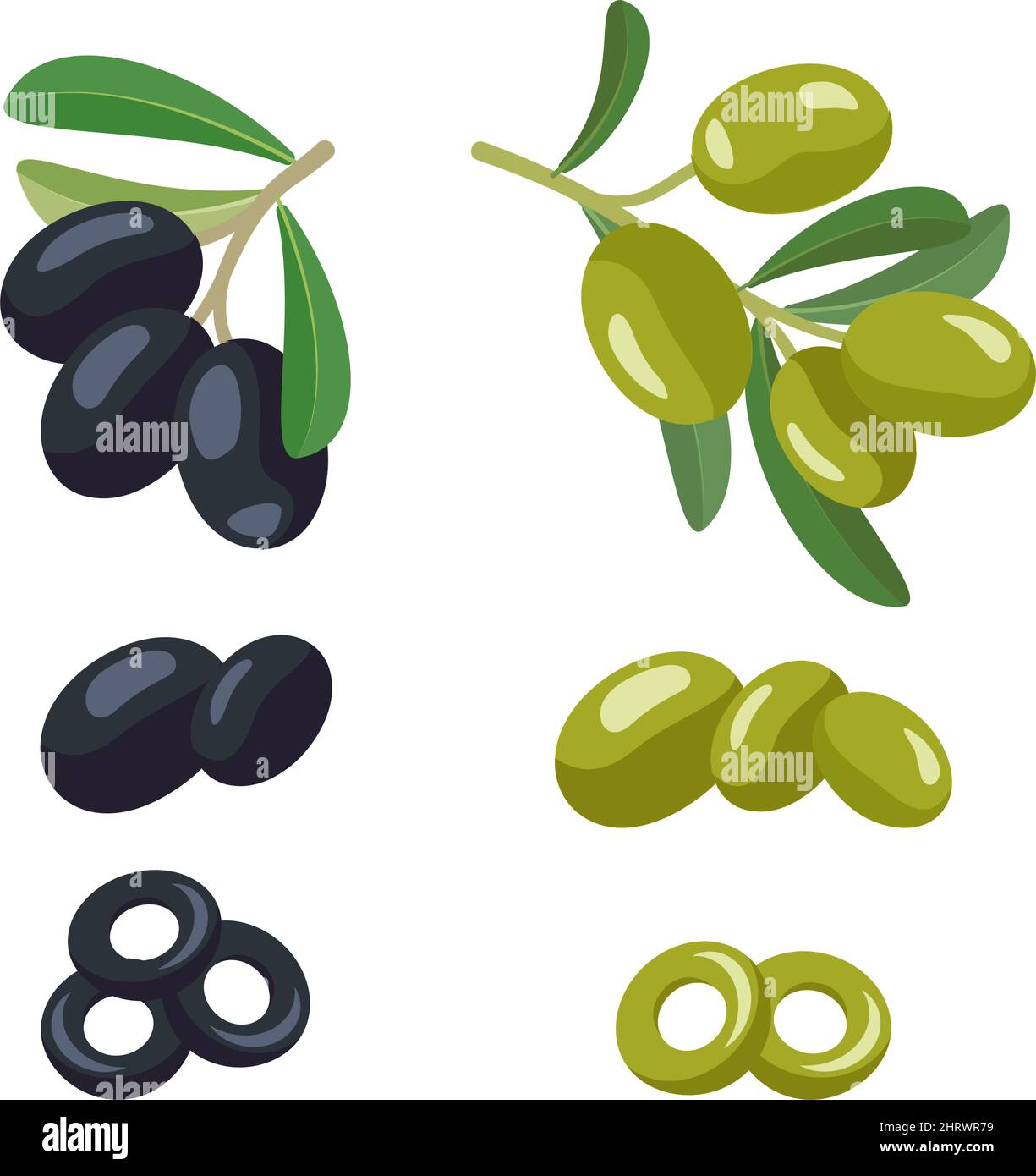 Set di olive a rami verdi e neri con frutta e foglie. Cucina greca tradizionale. Illustrazione piatta vettoriale Illustrazione Vettoriale