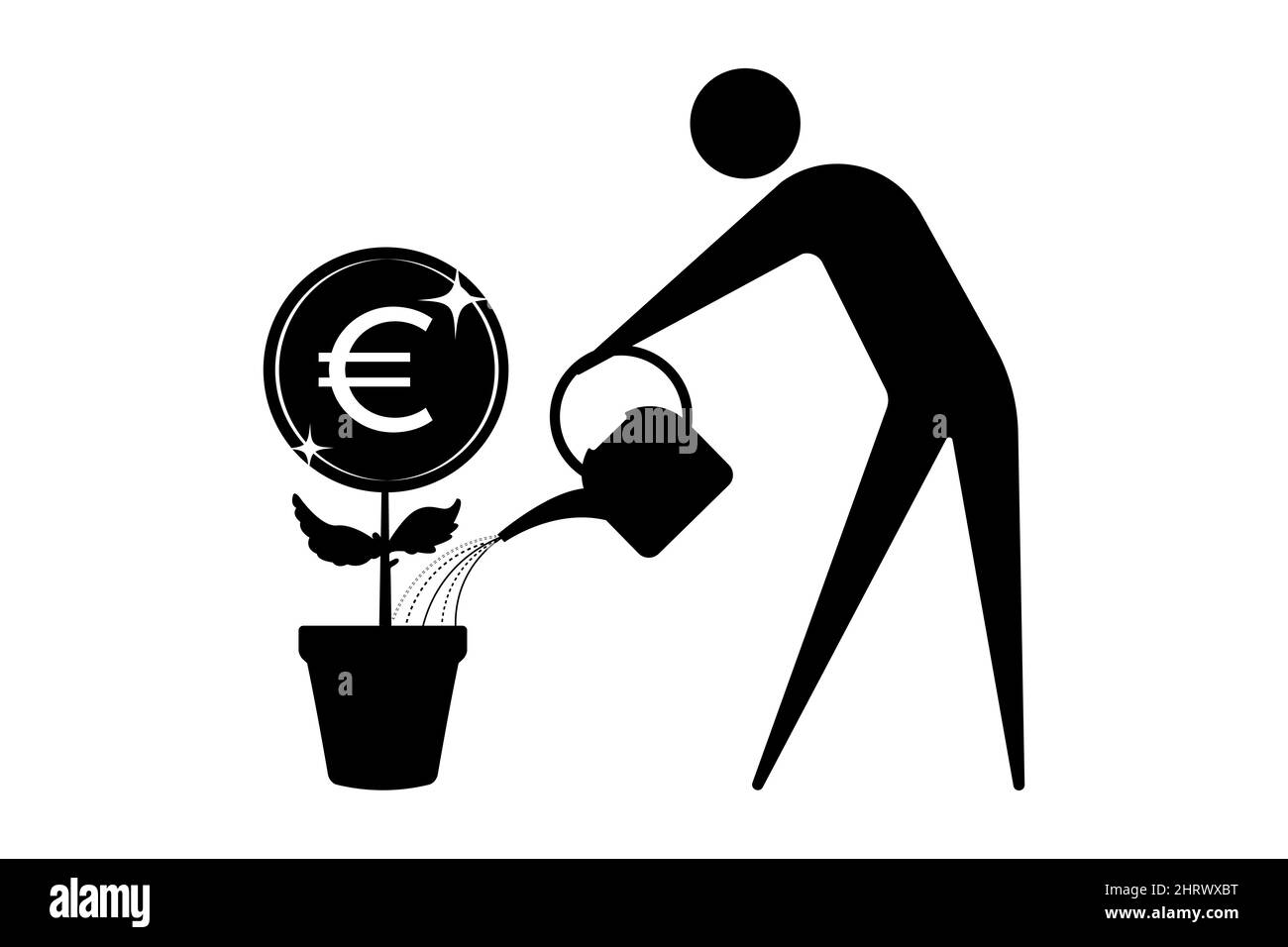Concetto di denaro crescente. Icona umana annaffiatura euro money pianta isolata su sfondo bianco. Illustrazione vettoriale Illustrazione Vettoriale
