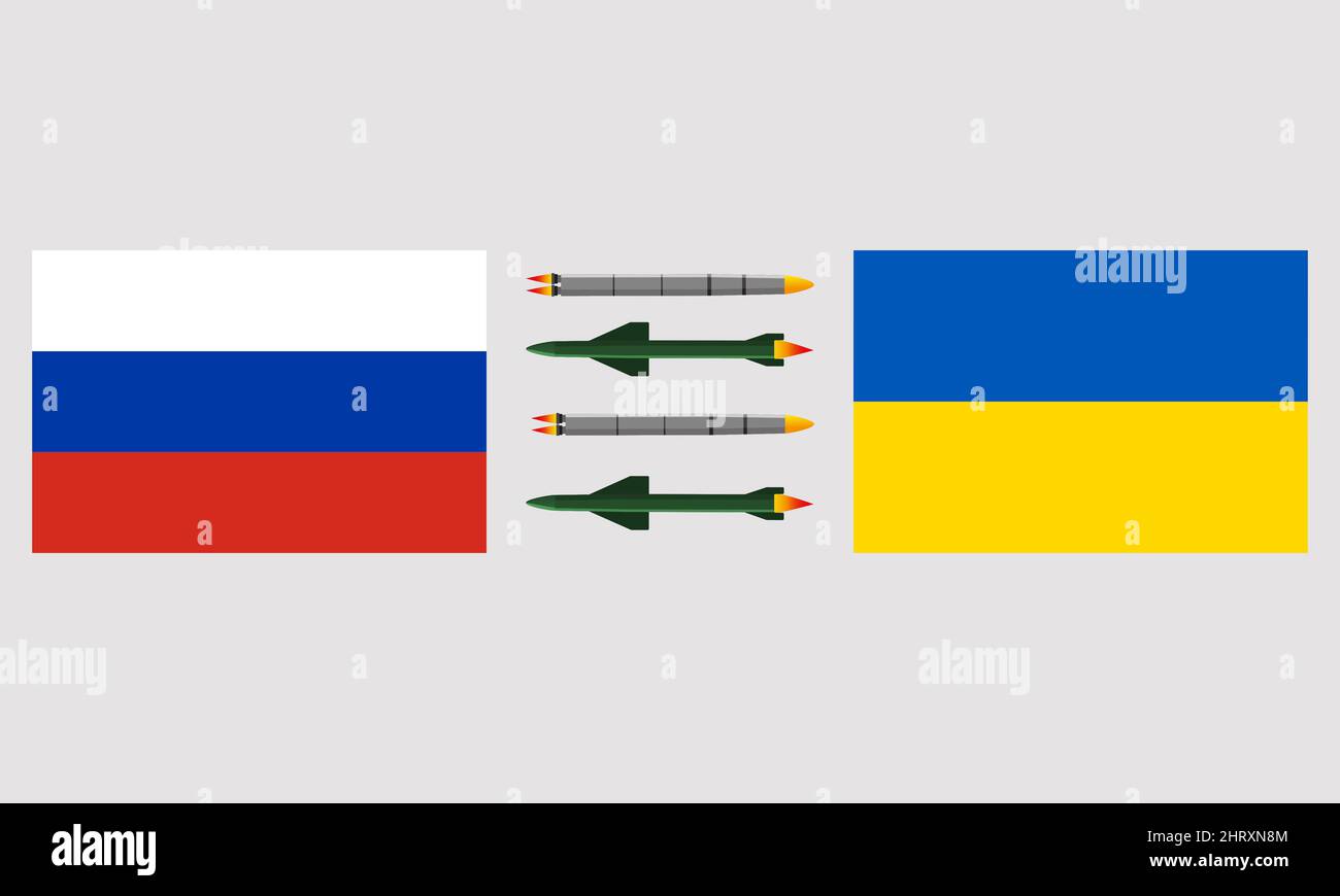 Concetto di Russia e Ucraina che sparano missili l'uno sull'altro. Illustrazione Vettoriale
