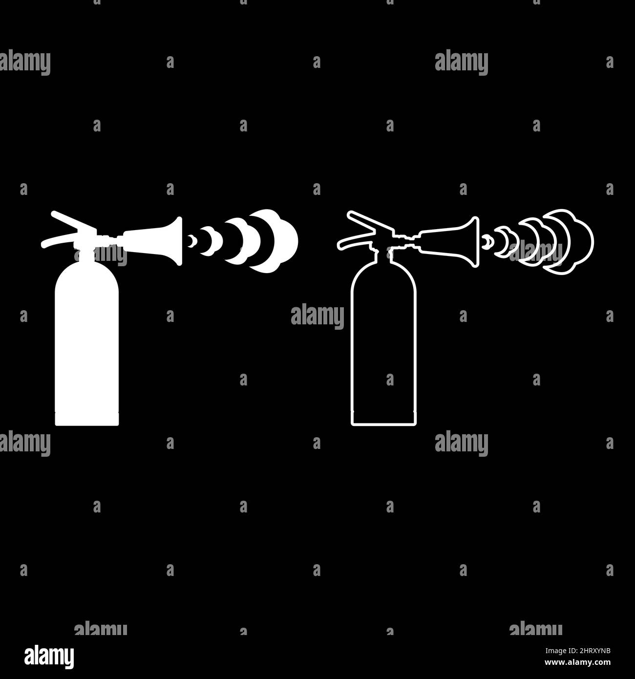 Estintore in azione con bolle di schiuma getto per estinguere mette fuori fuoco combattente set icona bianco colore vettore immagine semplice Illustrazione Vettoriale