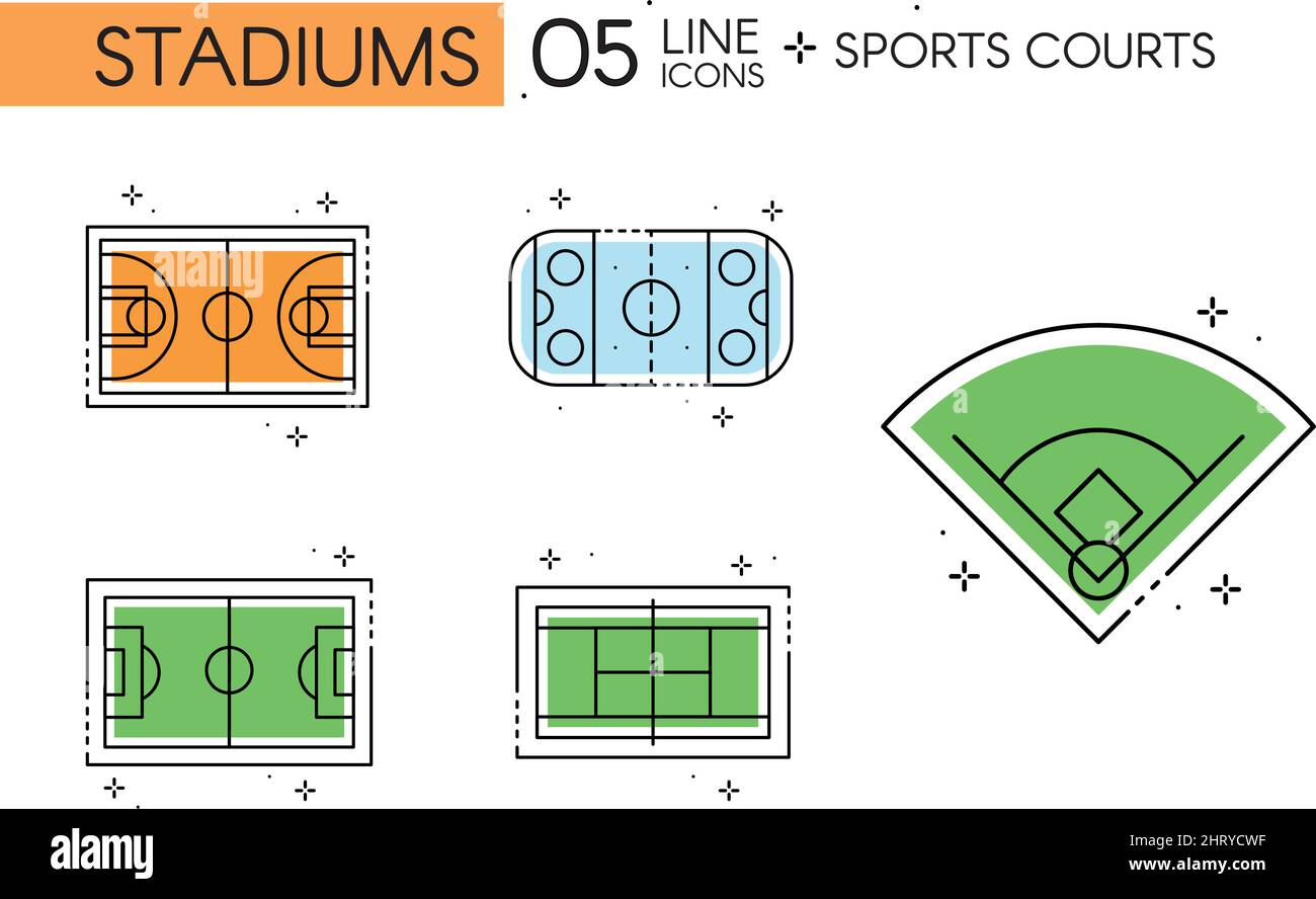 Set di diversi campi sportivi con design piatto e vista aerea Vector Illustrazione Vettoriale