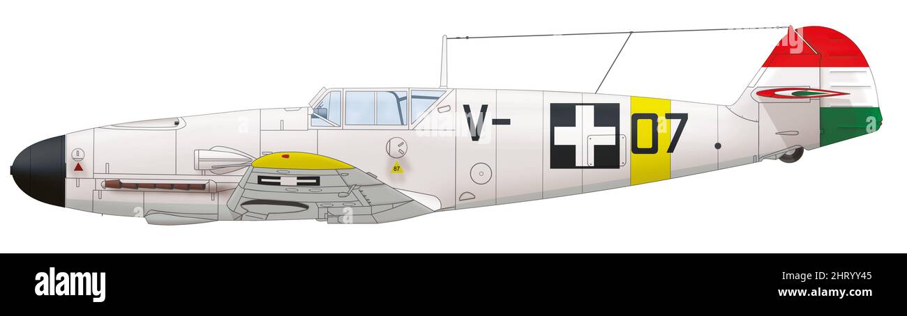 Messerschmitt BF 109f-4 (V–+07) pilotato da Dezső Szentgyörgyi dello Squadrone del 1/1 della Royal Hungarian Air Force, inizio 1943 Foto Stock
