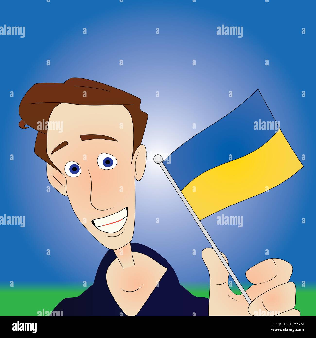 Uomo temuto preoccupato con una bandiera ucraina in mano Illustrazione Vettoriale