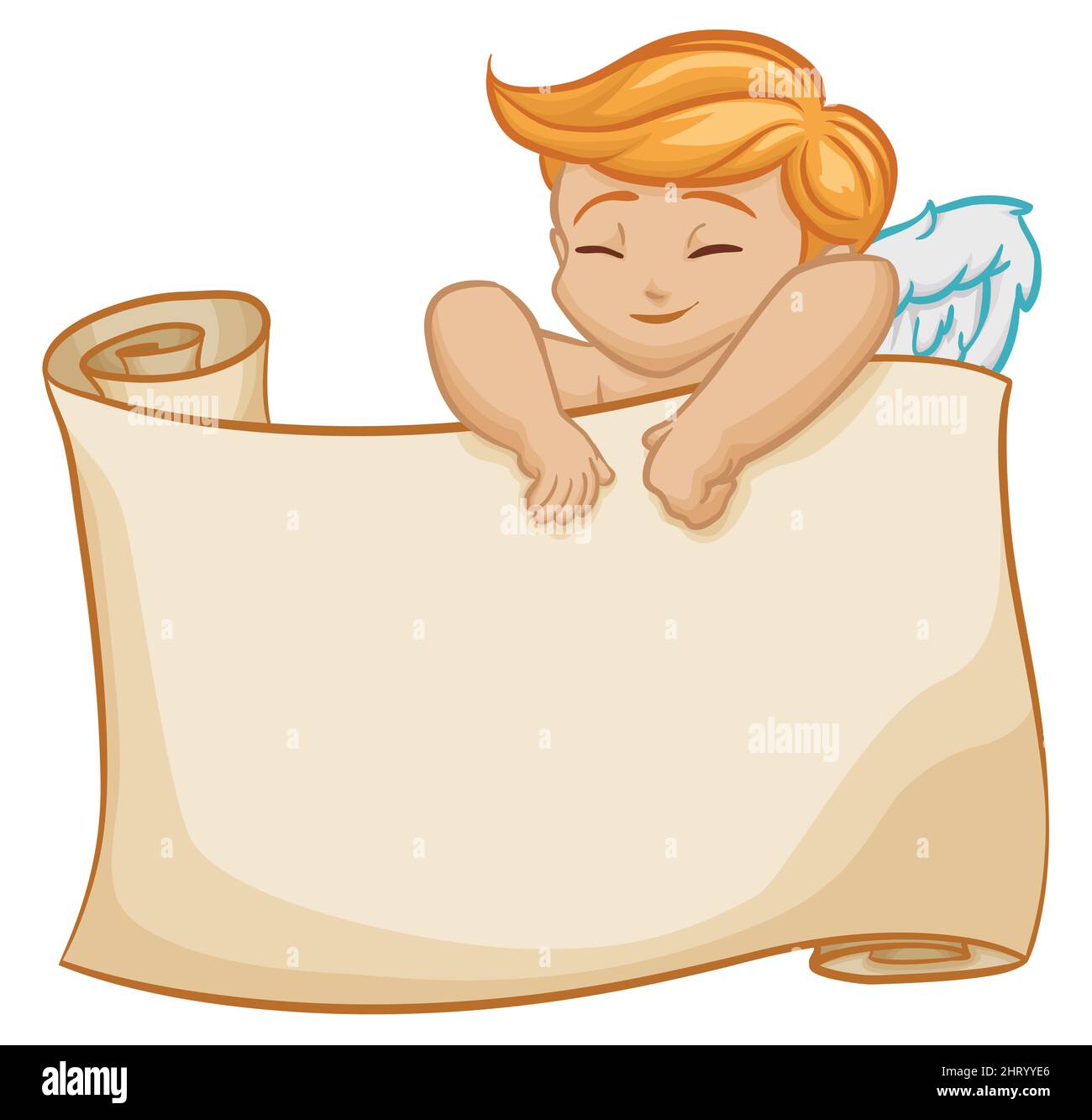 Angelo felice e biondo come Cupido, appoggiato su una pergamena ricurlata gigante. Design in stile cartoon su sfondo bianco. Illustrazione Vettoriale