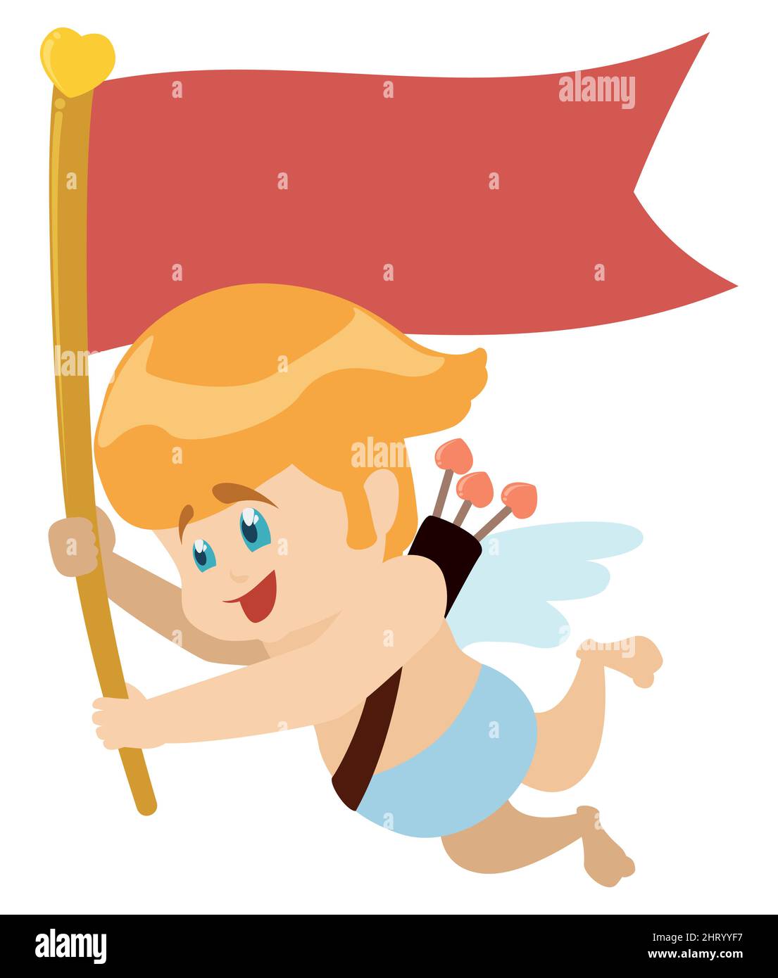 Felice e volante Cupido con capelli biondi, portando il suo fremito con frecce a forma di cuore e tenendo una sagoma a bandiera. Illustrazione Vettoriale