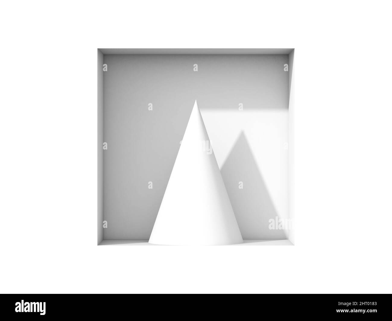 Oggetto a cono bianco posto su una nicchia quadrata in parete bianca, installazione di minima durata. 3d illustrazione del rendering Foto Stock