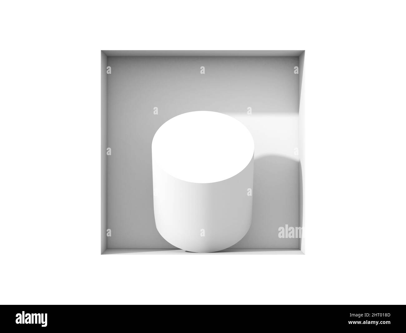 Oggetto cilindrico bianco posto su una nicchia quadrata in parete bianca, installazione di minima durata. 3d illustrazione del rendering Foto Stock