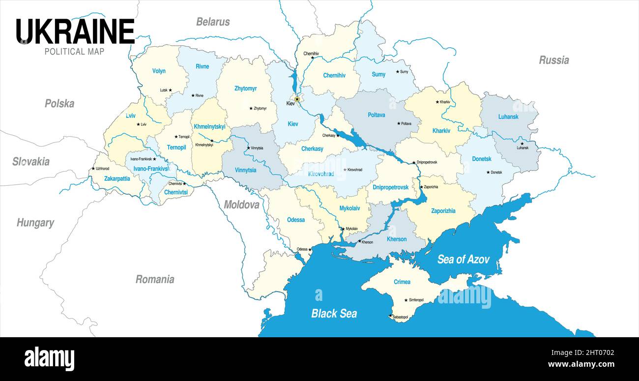 Mappa politica dell'Ucraina di colore blu e giallo su sfondo bianco. Immagine vettoriale Illustrazione Vettoriale