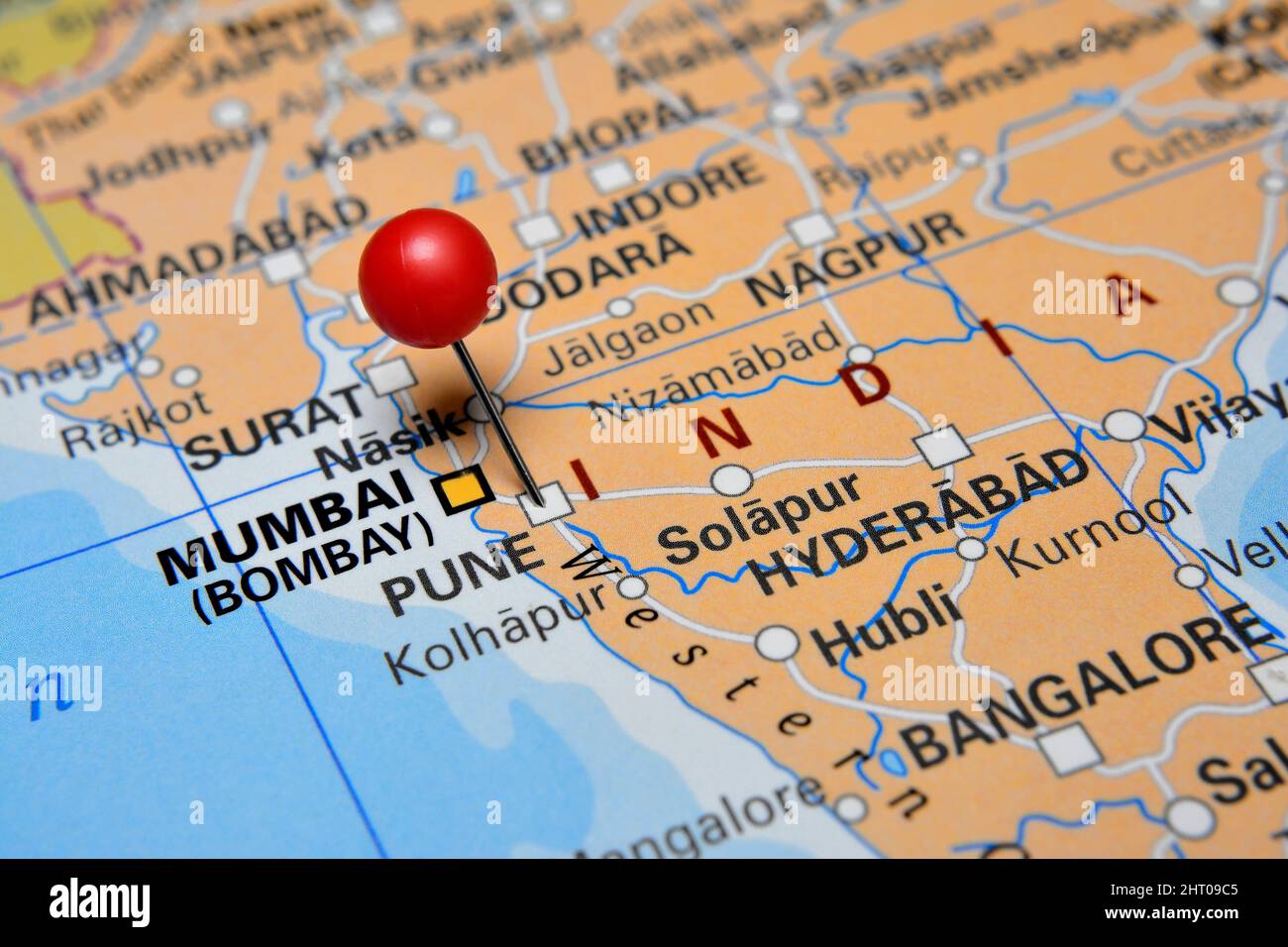 Città di Pune contrassegnata sulla mappa con pin rosso, India Foto Stock