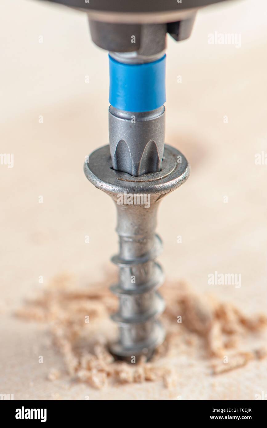 Produzione di mobili in legno. Avvitando una vite in un mobile. Assemblaggio di mobili in legno in primo piano Foto Stock