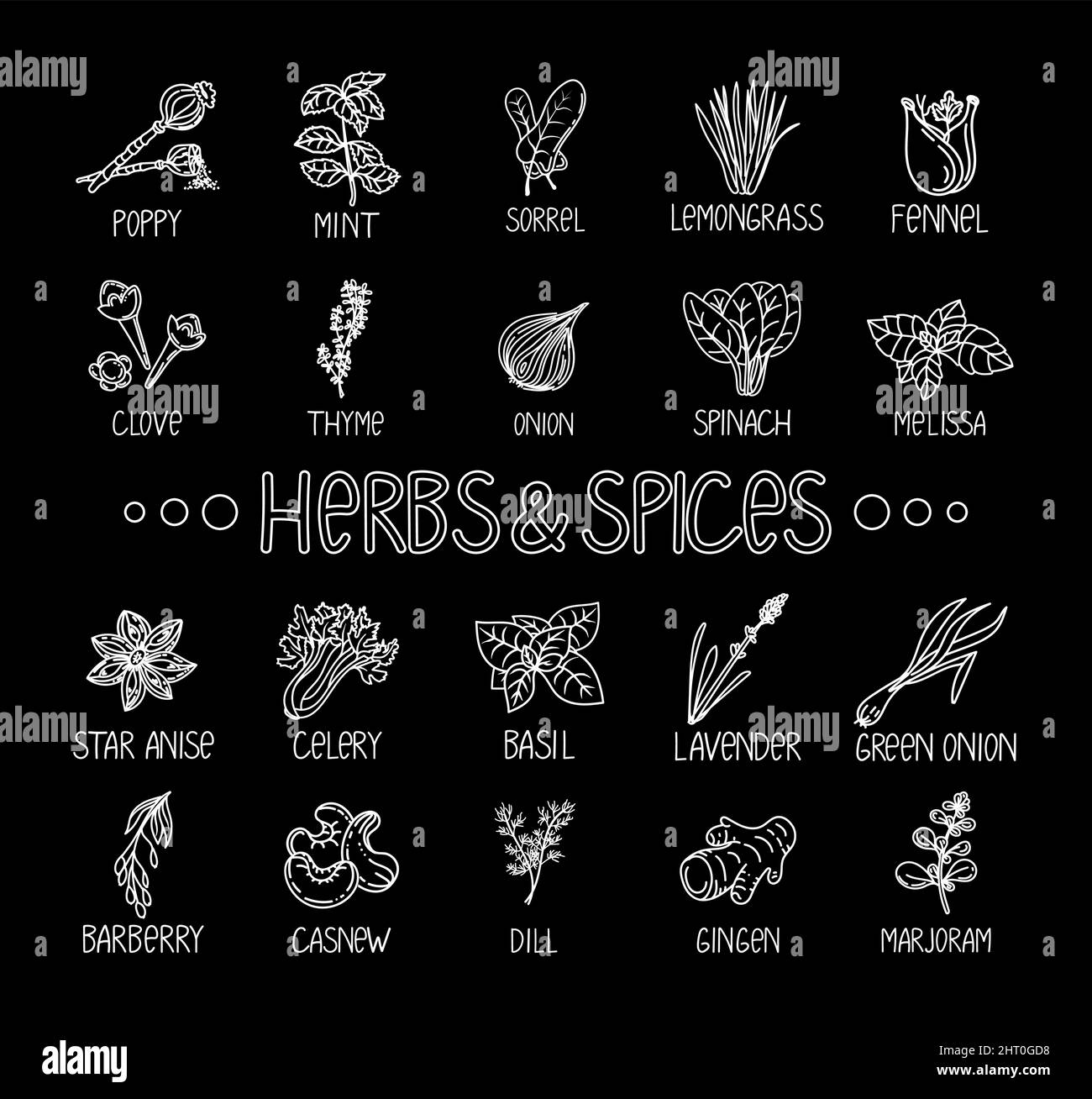 Icone di erbe e spezie, elemento disegnato in stile doodle. Design del pacchetto modello su sfondo nero. Logo o emblema - erbe e spezie - papavero, cashe Illustrazione Vettoriale