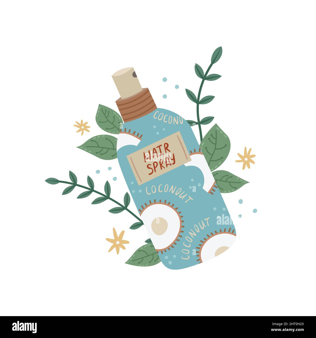 Illustrazione vettoriale di una bottiglia con uno spray per capelli con decorazioni botaniche. Industria di bellezza Illustrazione Vettoriale