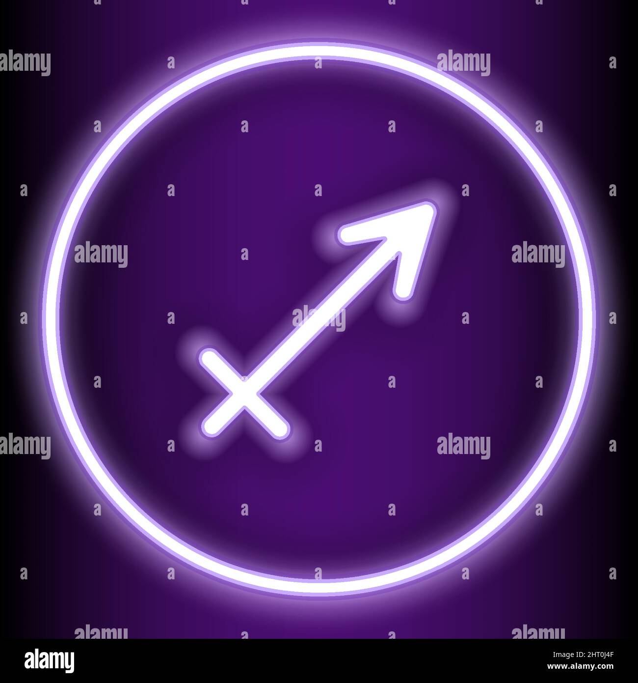 Sagittario è uno dei 12 segni zodiacali ed è mostrato in uno stile neon viola. Può essere usato per abbellire lo sfondo o pubblicazioni in una varietà Illustrazione Vettoriale