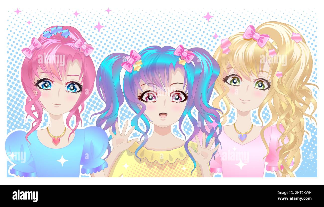 Ragazze sorridenti carine in stile anime. Sfondo con personaggi felici in stile manga e anime. Illustrazione Vettoriale