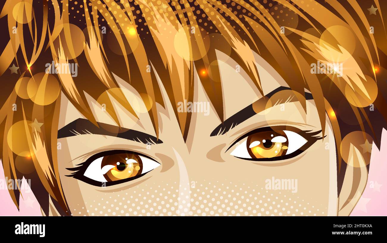 Occhi marroni di un giovane con capelli biondi con paillettes in stile anime. Look felice. Illustrazione Vettoriale