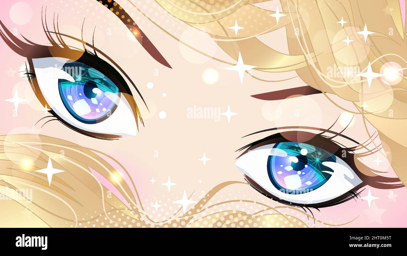 Occhi blu di una ragazza con capelli biondi con paillettes in stile anime. Illustrazione Vettoriale