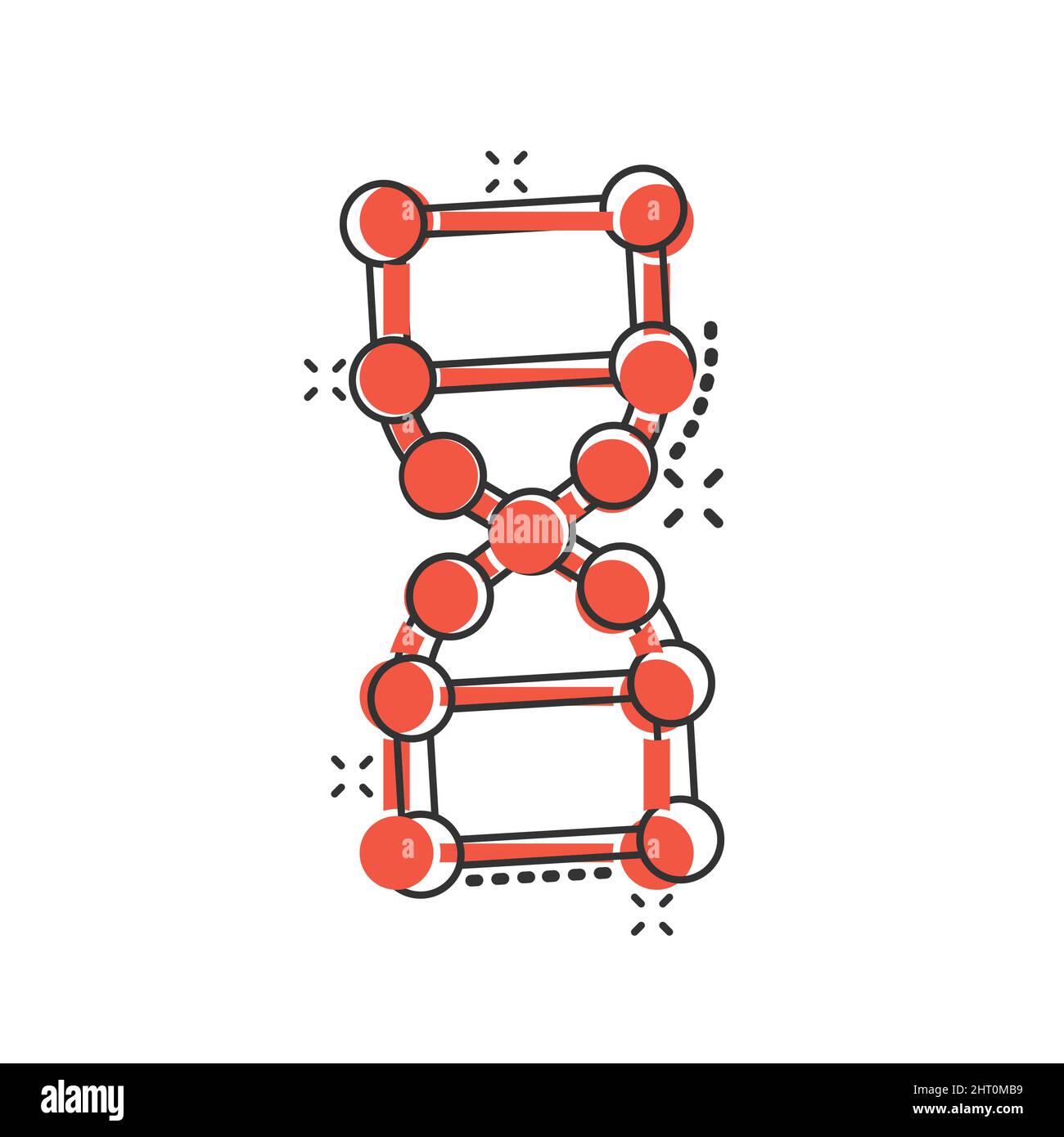 Icona DNA Molecule in stile comico. Illustrazione del vettore cartoon Atom su sfondo bianco isolato. Molecular spiral splash effect Sign business concept. Illustrazione Vettoriale
