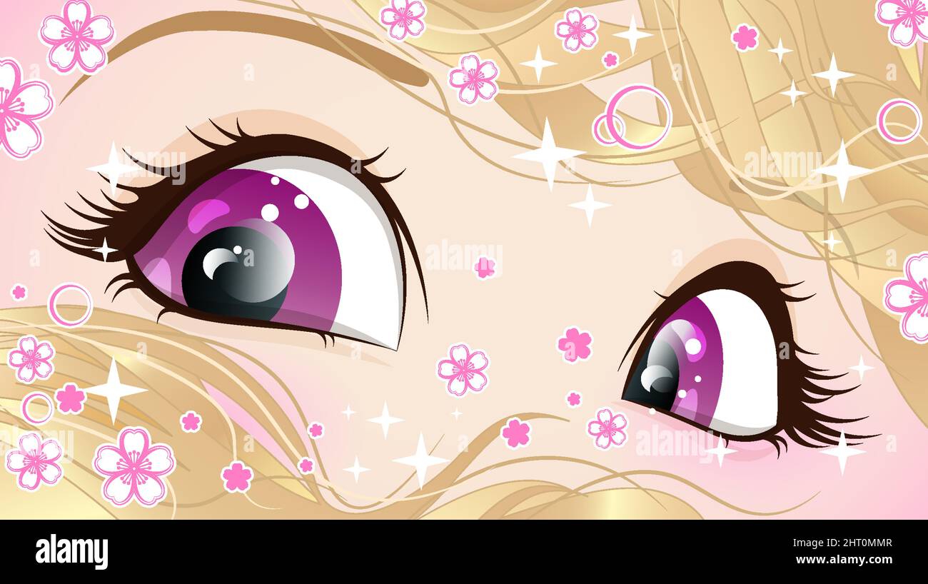Occhi rosa di una ragazza con capelli biondi con paillettes e fiori in stile anime. Illustrazione Vettoriale