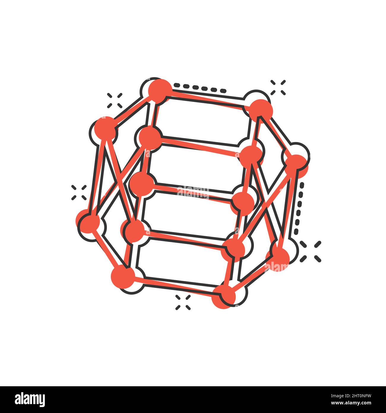 Icona DNA Molecule in stile comico. Illustrazione del vettore cartoon Atom su sfondo bianco isolato. Molecular spiral splash effect Sign business concept. Illustrazione Vettoriale