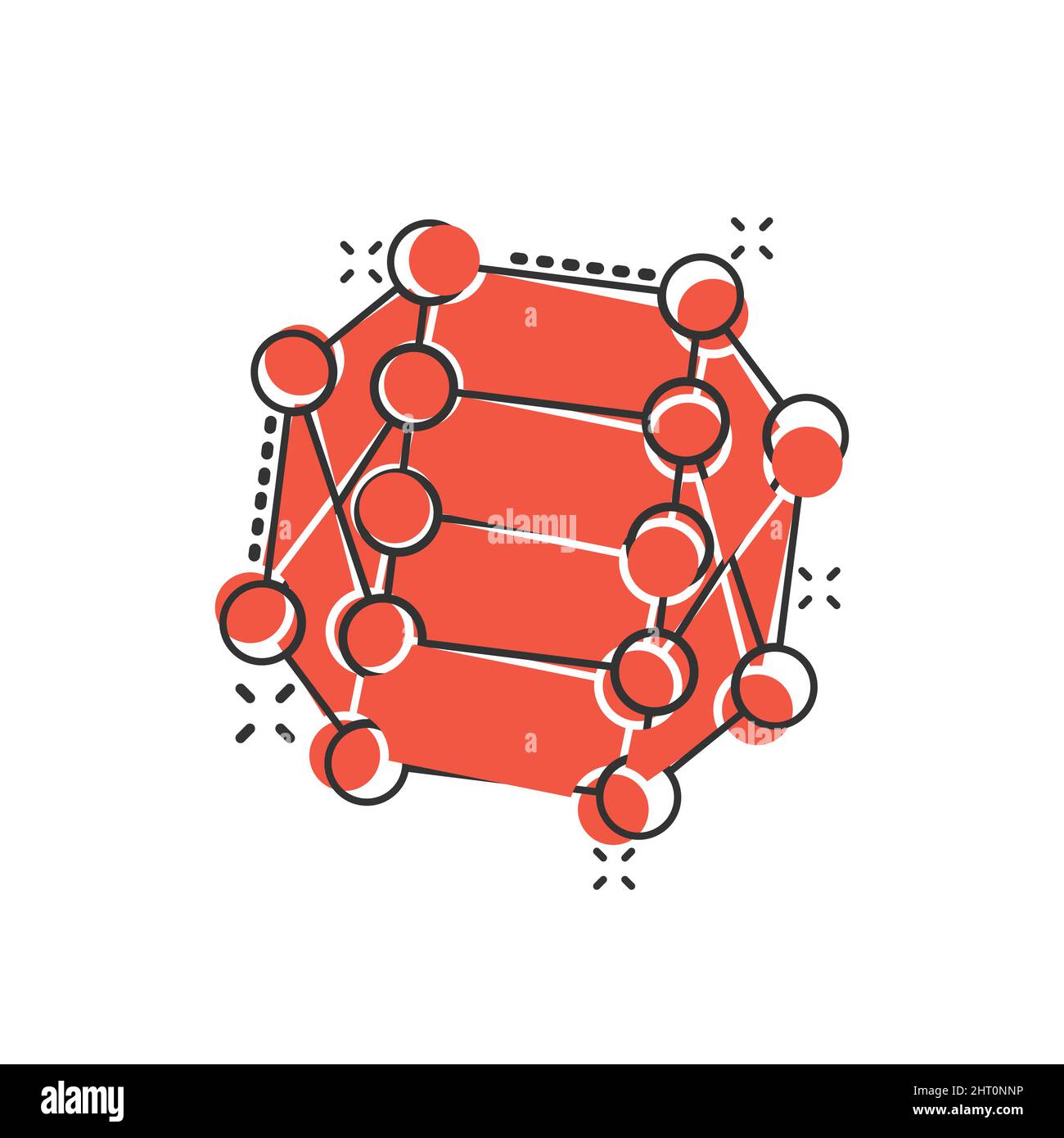 Icona DNA Molecule in stile comico. Illustrazione del vettore cartoon Atom su sfondo bianco isolato. Molecular spiral splash effect Sign business concept. Illustrazione Vettoriale