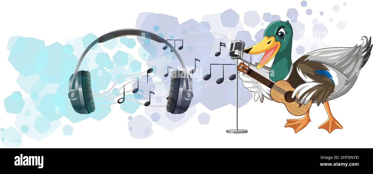 La chitarra anatra suona, ukulele con illustrazione di nota musicale Illustrazione Vettoriale