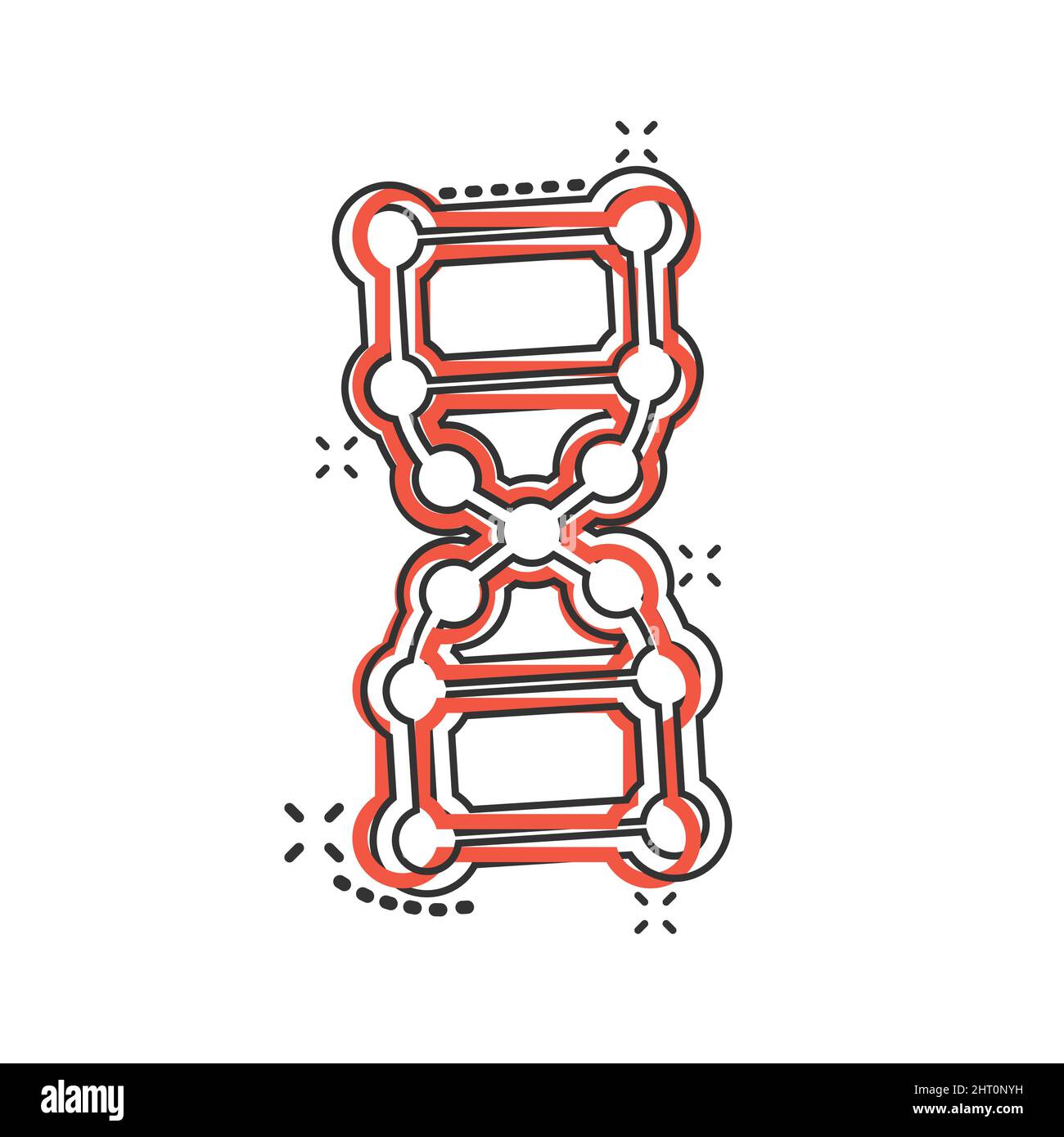 Icona DNA Molecule in stile comico. Illustrazione del vettore cartoon Atom su sfondo bianco isolato. Molecular spiral splash effect Sign business concept. Illustrazione Vettoriale