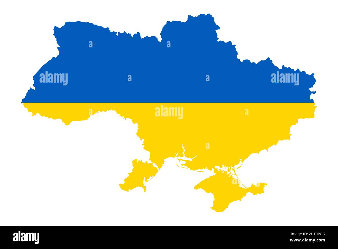 Bandiera dell'Ucraina, nella silhouette del paese. Bandiera nazionale bicolore con due bande orizzontali di colore blu e giallo di uguale dimensione. Profilo dell'Ucraina. Foto Stock