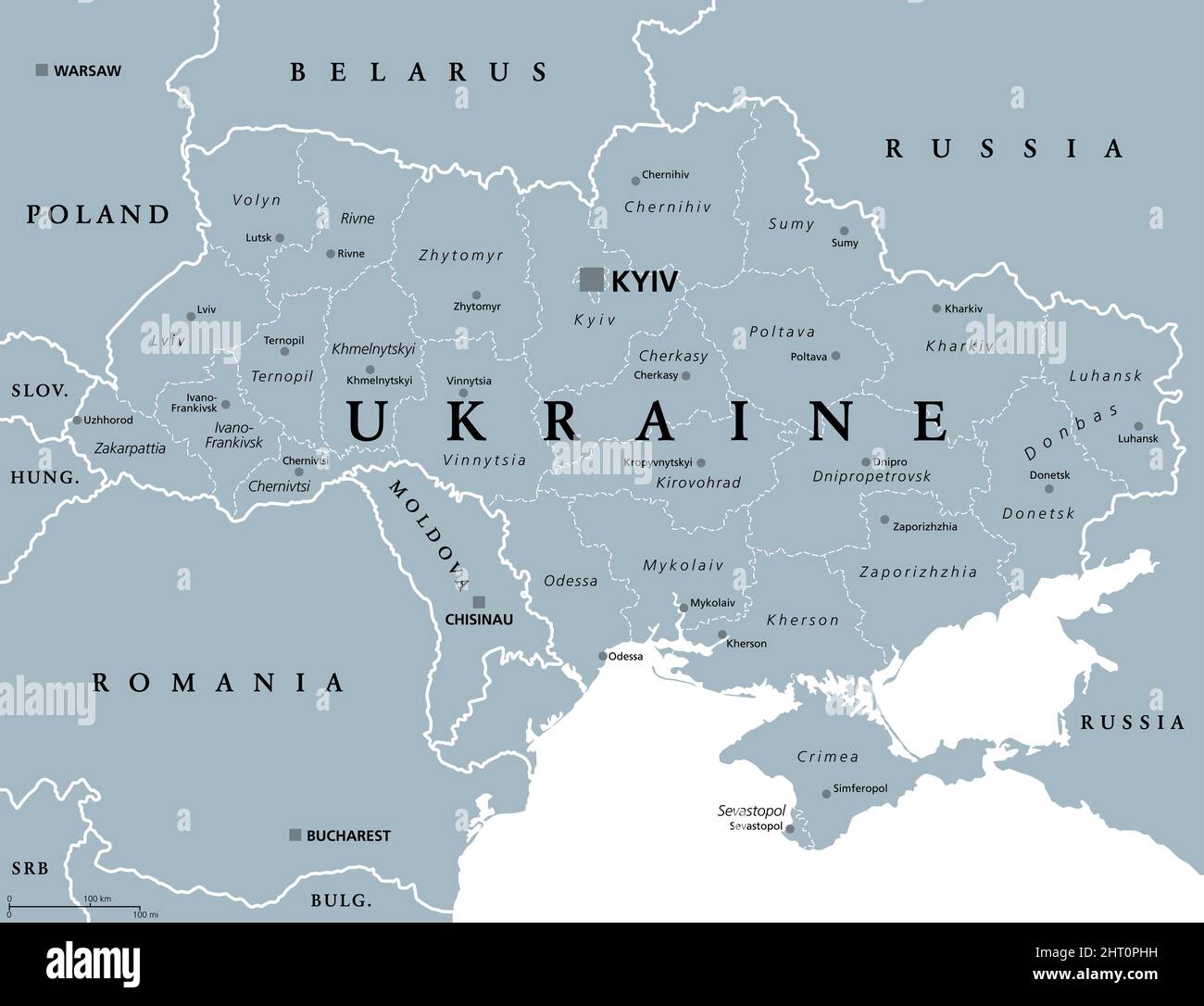 Ucraina, divisioni amministrative, mappa politica grigia. Paese e stato unitario dell'Europa orientale, con la capitale Kiev (Kiev). Suddivisione del paese. Foto Stock