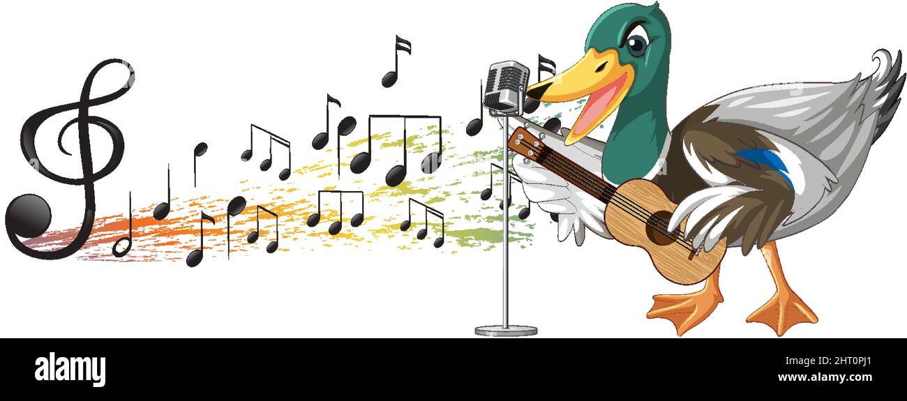 La chitarra anatra suona, ukulele con illustrazione di nota musicale Illustrazione Vettoriale