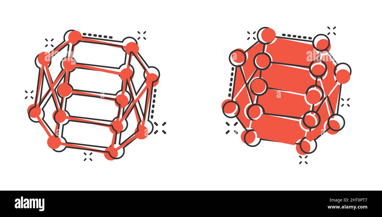 Icona DNA Molecule in stile comico. Illustrazione del vettore cartoon Atom su sfondo bianco isolato. Molecular spiral splash effect Sign business concept. Illustrazione Vettoriale