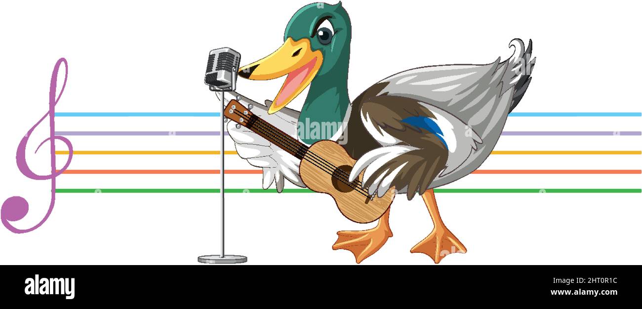 La chitarra anatra suona, ukulele con illustrazione di nota musicale Illustrazione Vettoriale