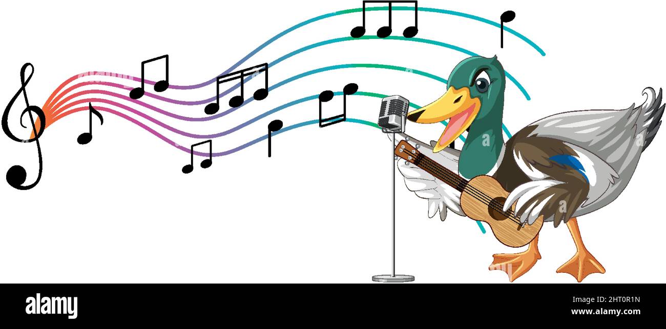 La chitarra anatra suona, ukulele con illustrazione di nota musicale Illustrazione Vettoriale