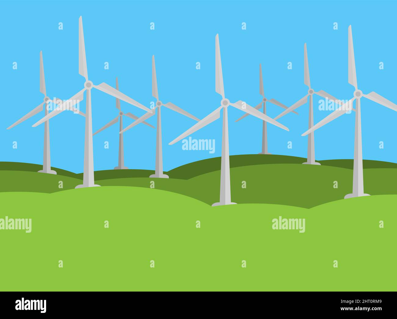 concetto di energia rinnovabile verde, turbine eoliche in paesaggio verde, illustrazione vettoriale con spazio di copia Illustrazione Vettoriale
