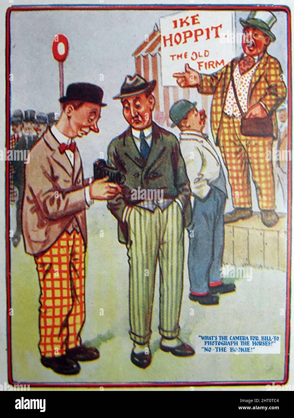 Le librerie non erano sempre fidate come illustrato in questo cartone animato a colori del C1920 quando un perforatore scatta una fotografia del bookmaker. Foto Stock