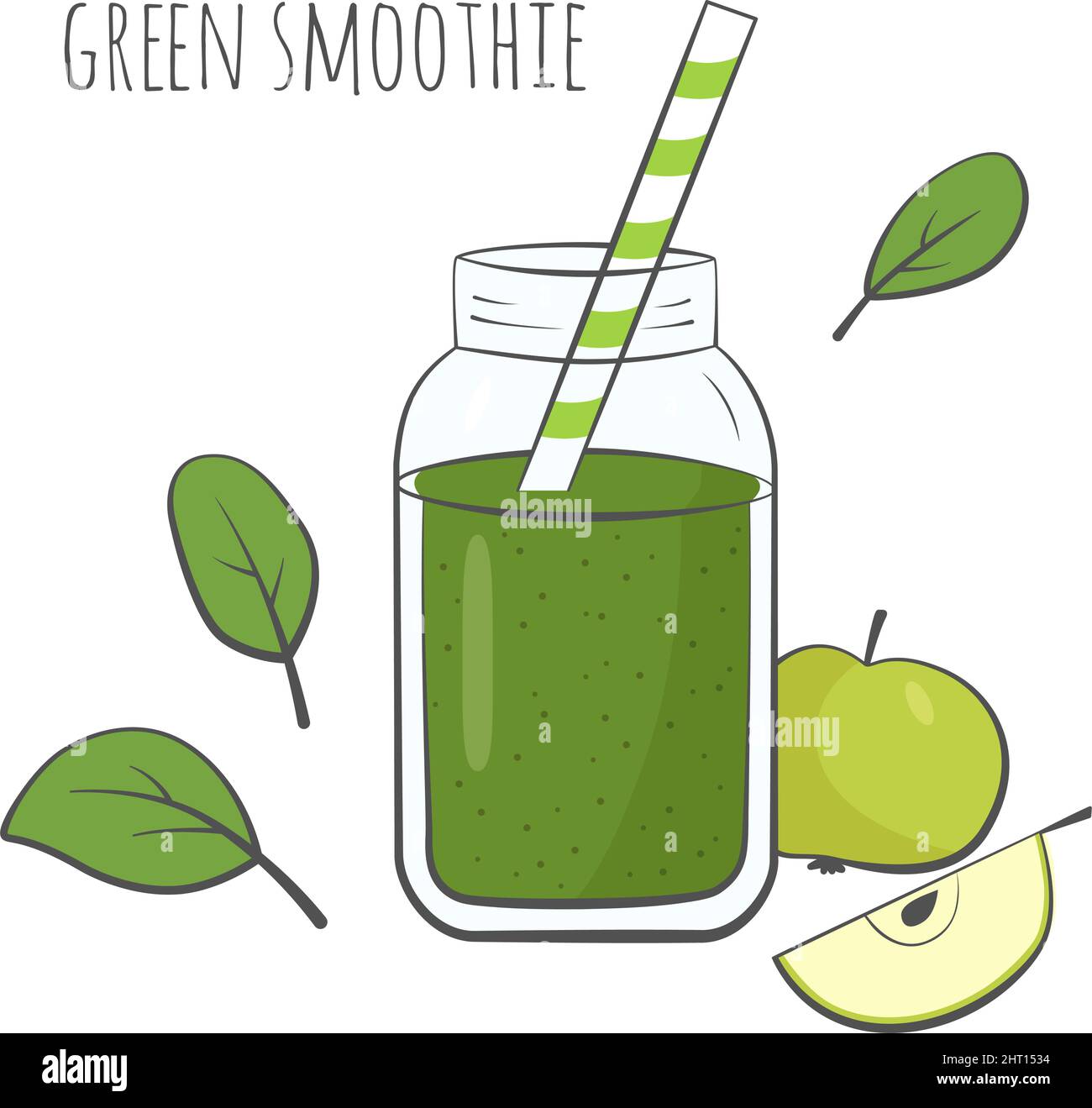 Frullato verde in vaso con spinaci e mela. Illustrazione vettoriale. Illustrazione Vettoriale