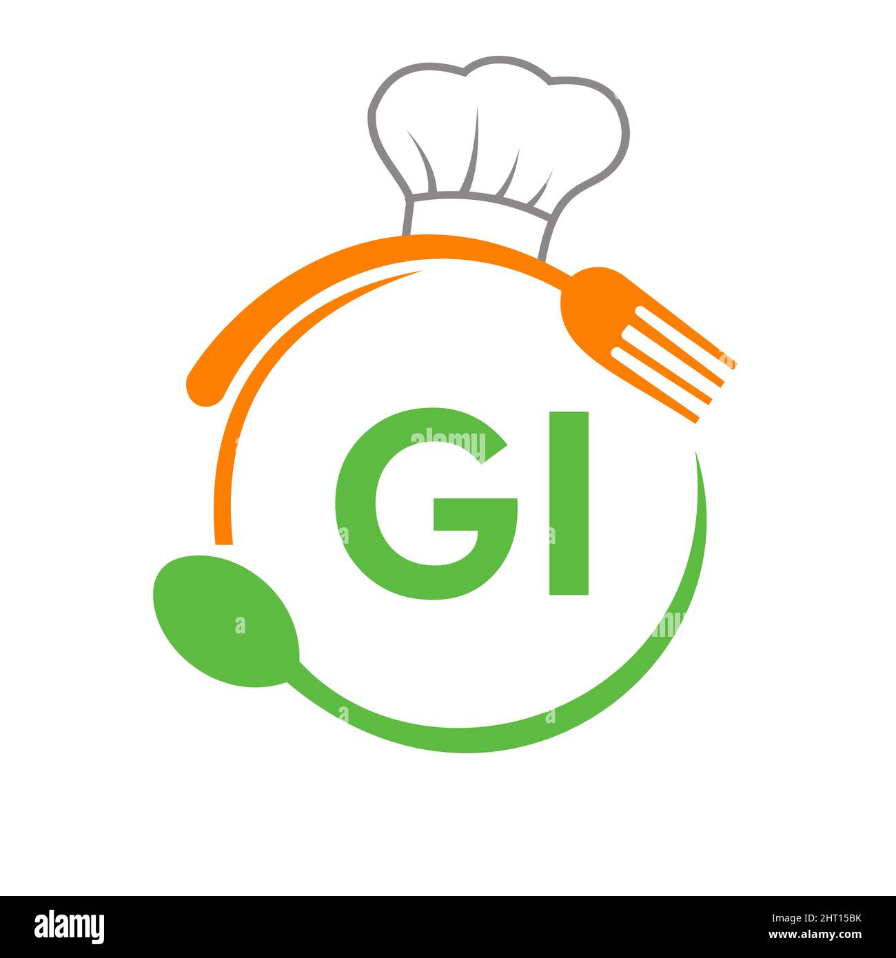 Logo del ristorante Letter GI con cucchiaino Chef Hat e modello Fork. Logo del ristorante sulla lettera GI barbecue, Cafe Logo Vector Illustrazione Vettoriale