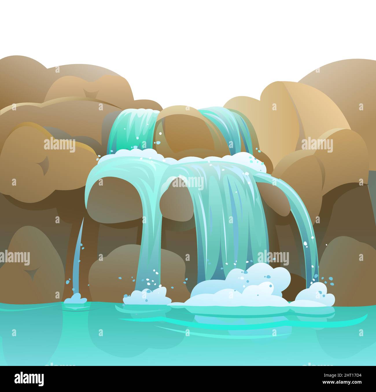 Cascata tra le rocce. La cascata fruscii verso il basso. Flusso d'acqua. Stile cartoon cool. Pietre arrotondate. Oggetto isolato su sfondo bianco. Vettore. Illustrazione Vettoriale