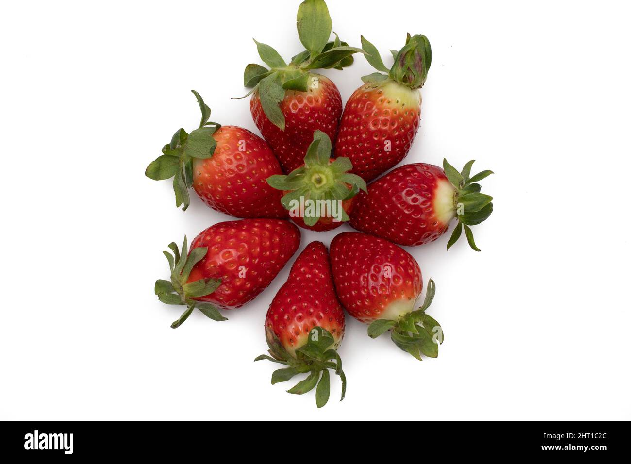 Una manciata di fragole intere con le loro foglie verdi disposte a forma di stella. Isolato su sfondo bianco. Foto Stock