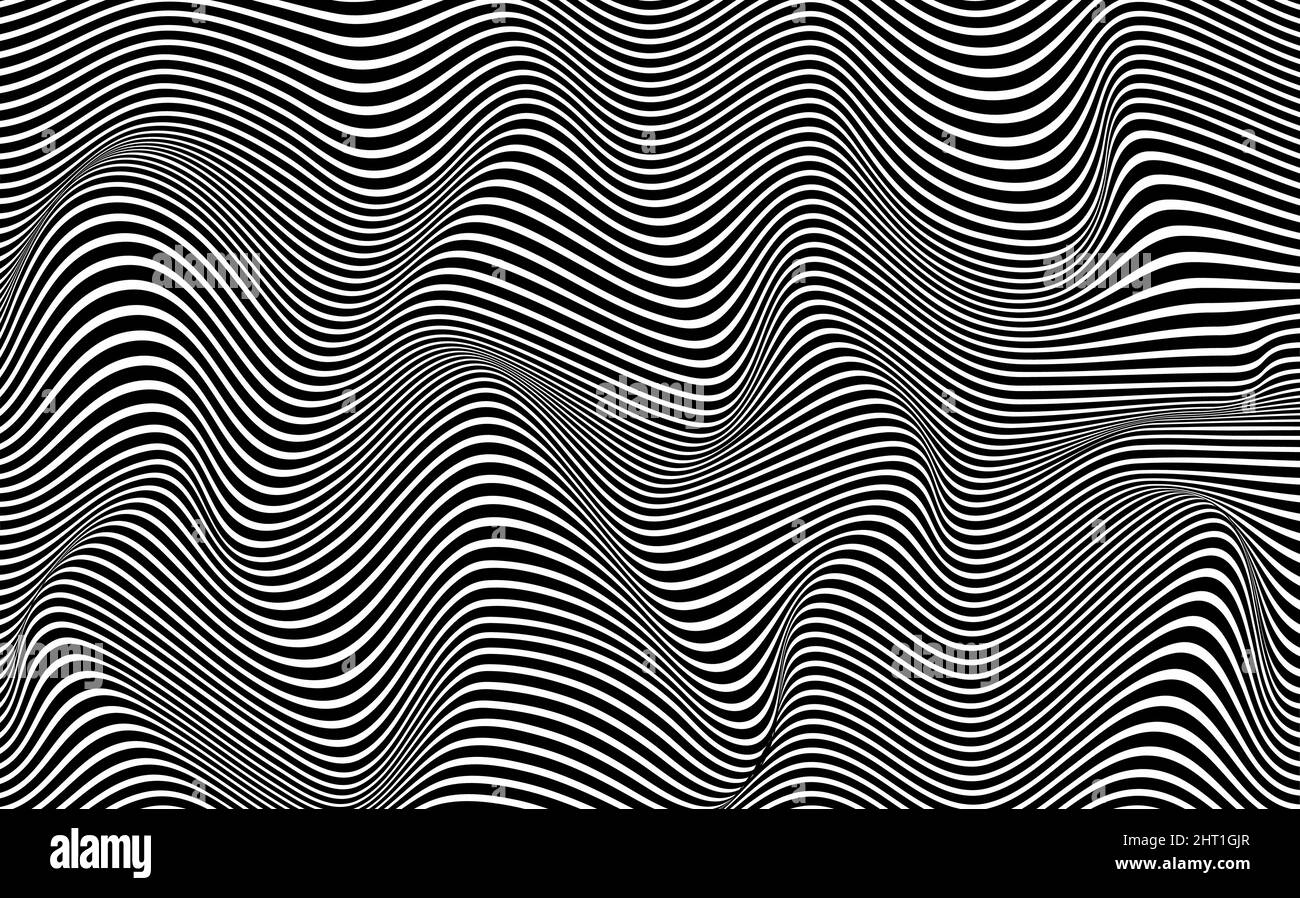 Linee psichedeliche. Modello astratto. Texture con righe ondulate e curve. Sfondo ottico. Design wave in bianco e nero, illustrazione vettoriale Illustrazione Vettoriale