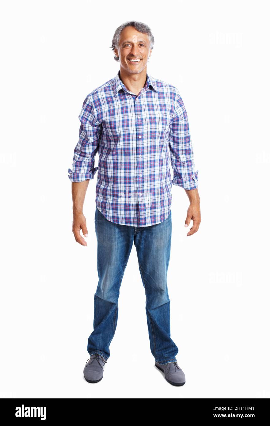 Uomo d'affari vestito casualmente sorridente. Intera lunghezza di uomo d'affari vestito casualmente sorridente su sfondo bianco. Foto Stock