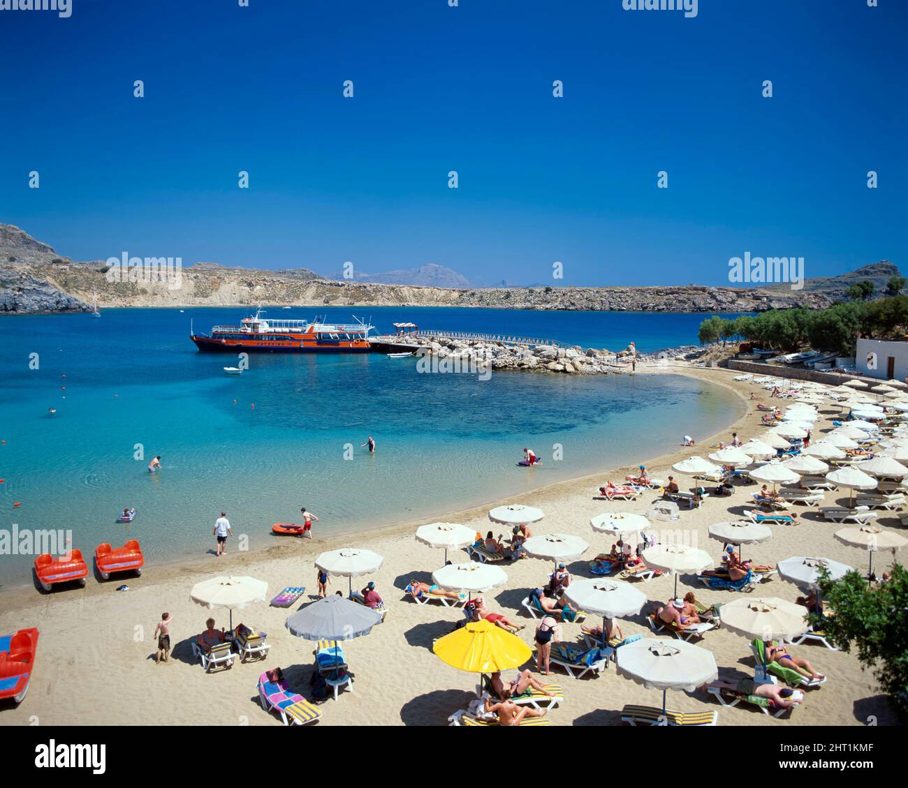 Lindos Beach, Rhodes Island, Dodecaneso, Grecia, Europa Foto Stock