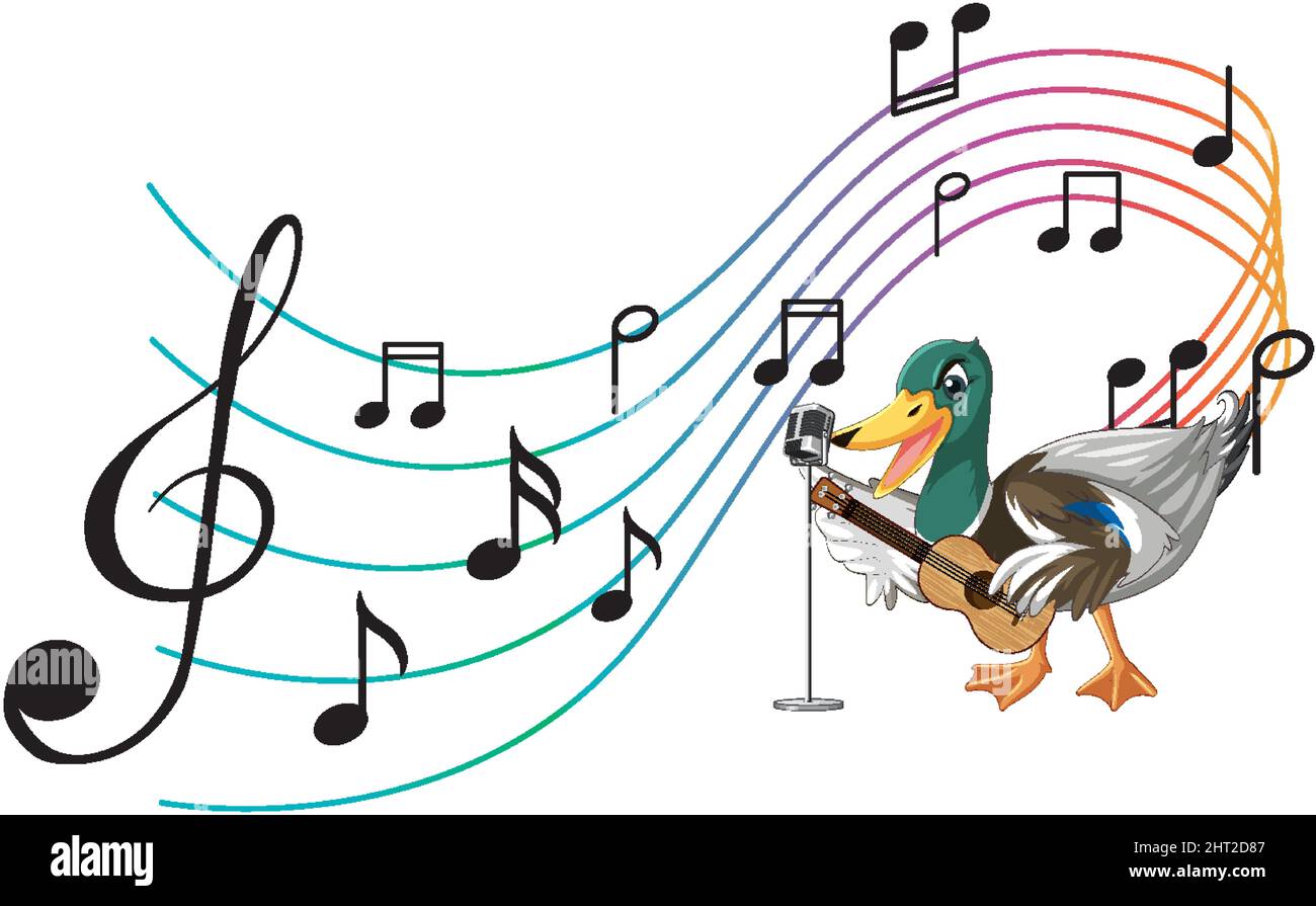 La chitarra anatra suona, ukulele con illustrazione di nota musicale Illustrazione Vettoriale