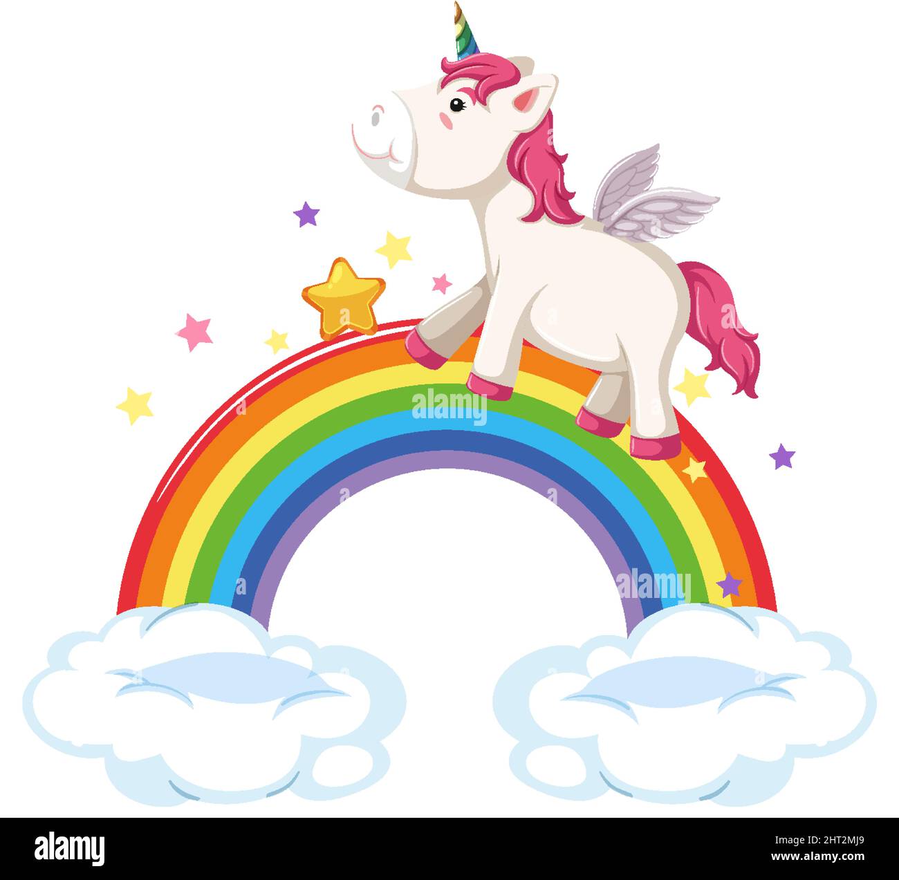 pegasus rosa che cammina sull'arcobaleno in un'illustrazione in stile cartone animato Illustrazione Vettoriale