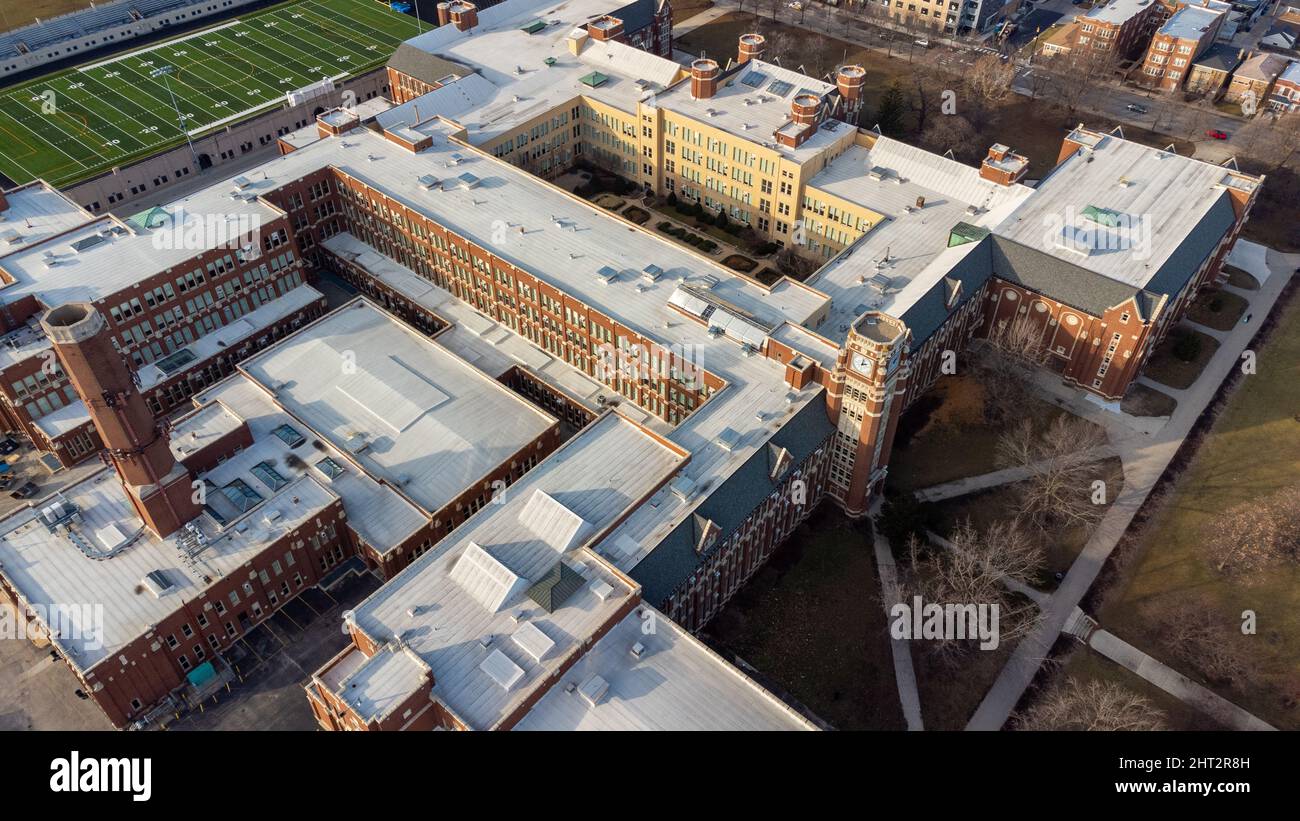Vista aerea del campus del Lane Tech College. Chicago, Illinois, Stati Uniti. Foto Stock
