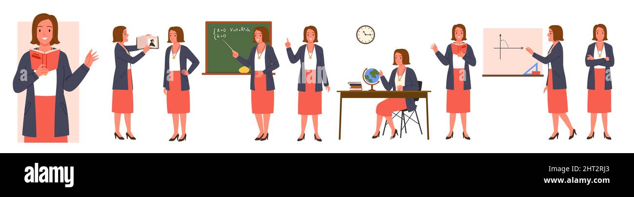 Personaggi insegnanti femminili con diverse pose impostate, donna che tiene il puntatore e libro Illustrazione Vettoriale